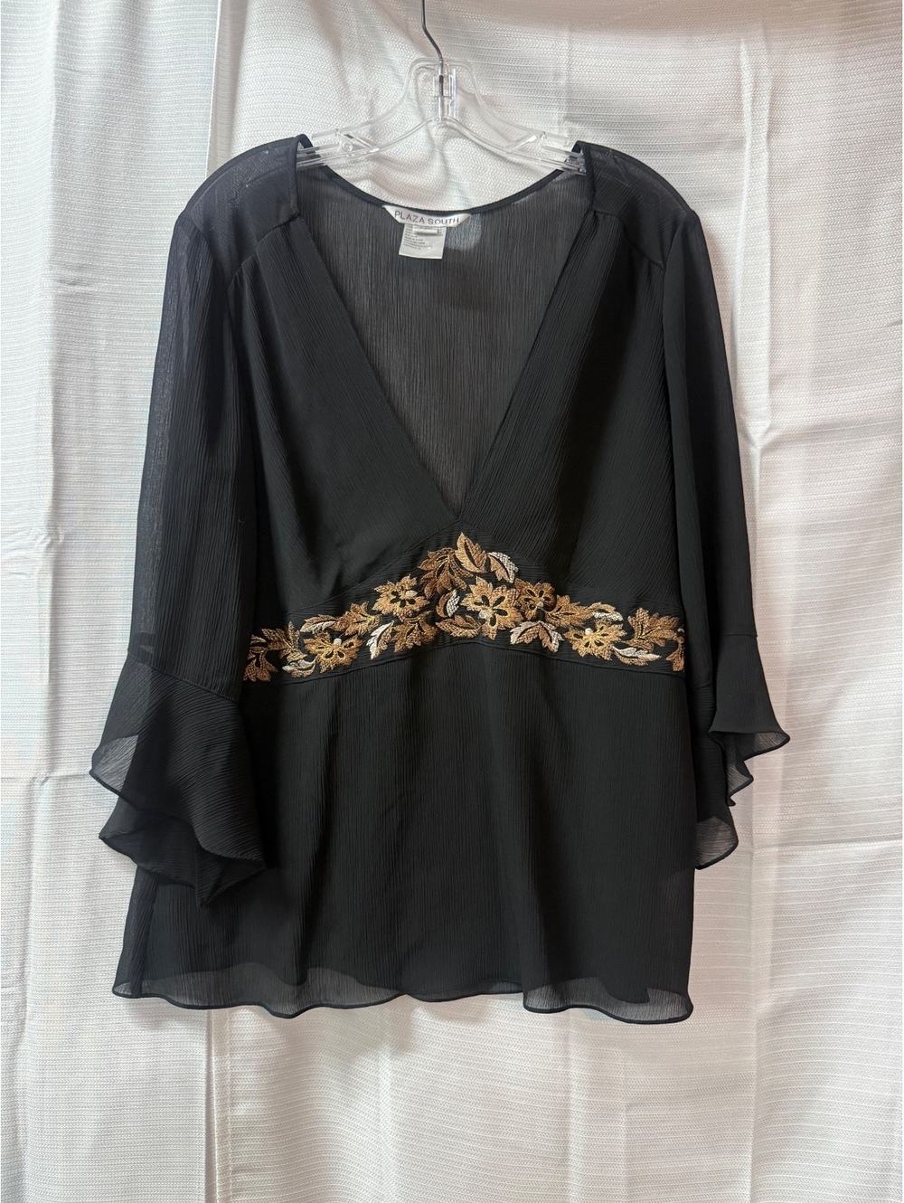 Plaza South Black Sheer V-Neck Blouse with Floral Embroidery Size 18